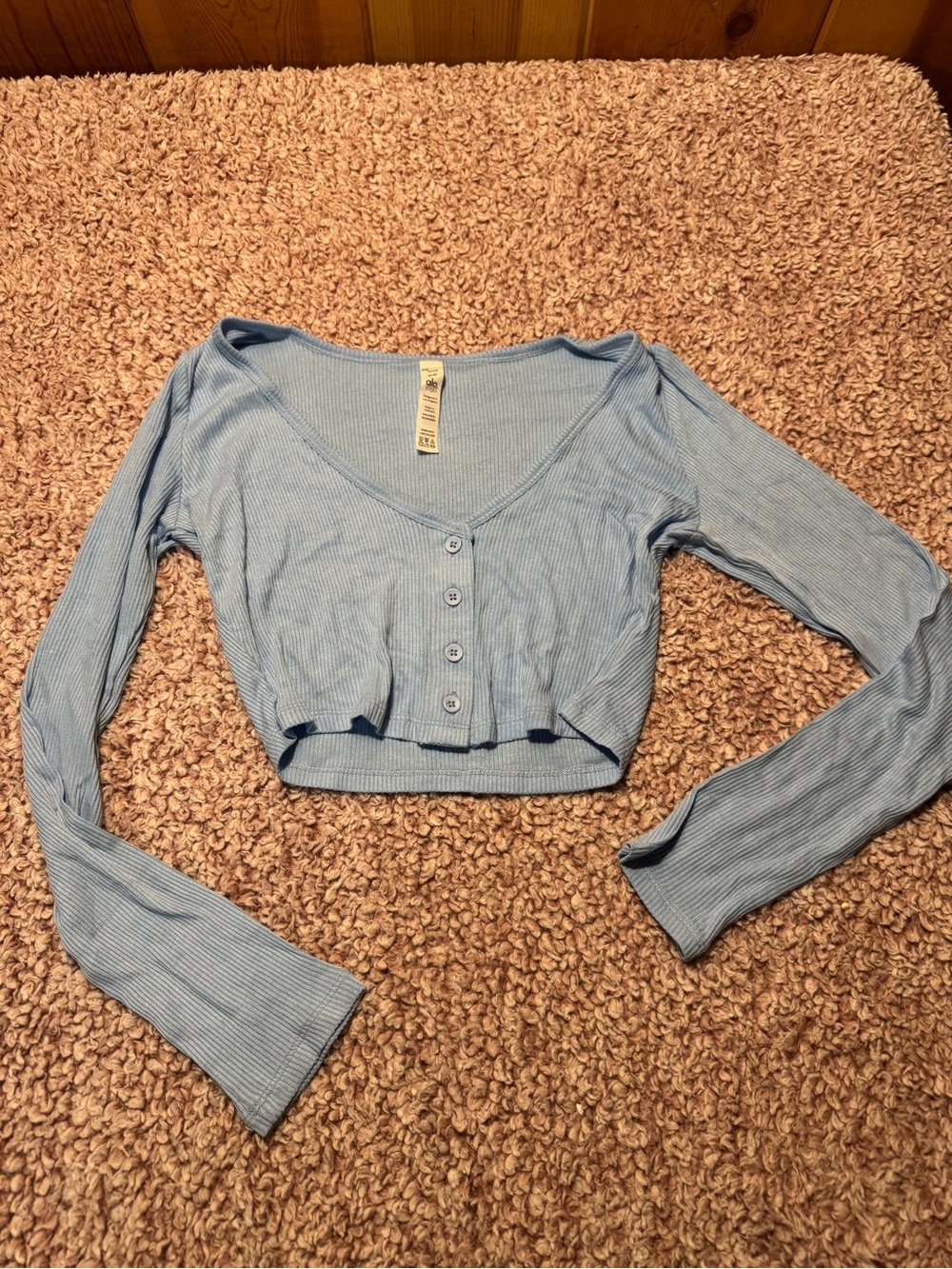 Alo Light Blue Ribbed Button-Front Crop Top